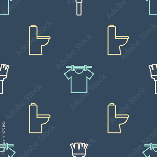 Set line Feather broom, Toilet bowl and Drying clothes on seamless pattern. Vector