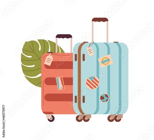 Wheel luggage for travel. Modern suitcases with handle, baggage tags and stickers. Holiday bags. Tourists packages. Flat vector illustration isolated on white background