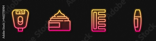 Set line Hairbrush, Epilator, Cream lotion cosmetic tube and Mascara. Glowing neon icon. Vector