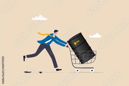 Crude oil investment, buy oil stock to make profit, fuel, power or energy company concept, businessman investor buying crude oil gallon in shopping cart trolley.