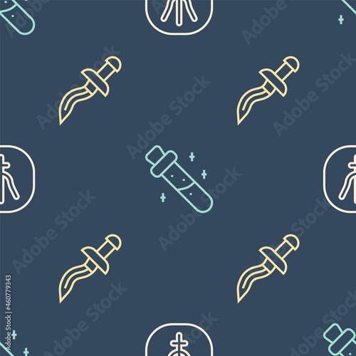 Set line Neptune planet, Dagger and Bottle with potion on seamless pattern. Vector