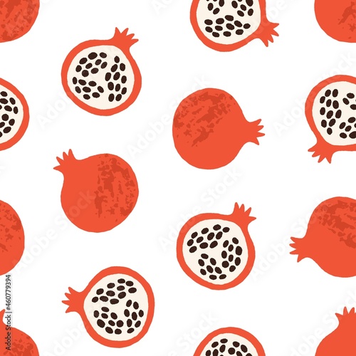 Doodle pomegranate pattern. Seamless white background with simple garnets fruits. Endless repeating texture for printing and decoration. Printable flat vector illustration for fabric and decor