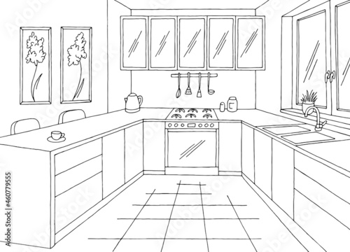 Kitchen room graphic black white home interior sketch illustration vector 