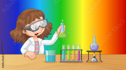 Scientist girl cartoon character on rainbow gradient background