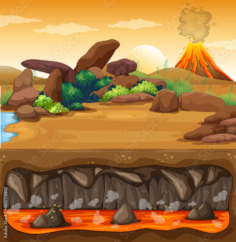 Volcano eruption with magma in underground