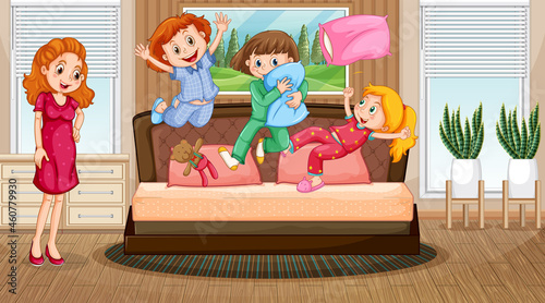 Bedroon scene with mother looking at her children jumping on the bed