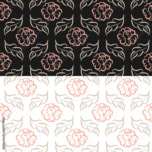 Floral seamless pattern. Hand drawn ink brush stroke leaves, flowers in pink, beige. Folklore scandinavian style design. Black or white easy editable color background. Vector