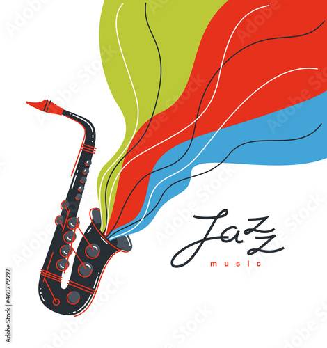 Jazz music emblem or logo vector flat style illustration isolated, saxophone logotype for recording label or studio or musical band.