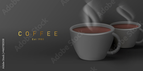 Coffee banner, black 3d illustration of hot black coffee with steam in black mug
