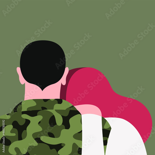vector illustration of two hugging people in love. girl hugs a military guy. the soldier returned from a business trip from the combat zone. rehabilitation and reintegration of war veterans.