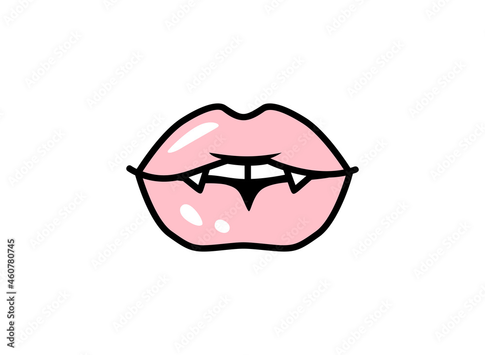 Vector vampire lips. Halloween vector illustration. Mouth with fangs. Pink Female lips Vector vampire lips. Halloween vector illustration. Mouth with fangs. Pink Female lips