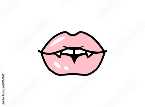 Vector vampire lips. Halloween vector illustration. Mouth with fangs. Pink Female lips