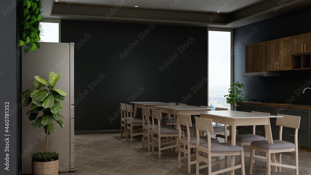 modern office pantry or kitchen area 3d render interior design for company logo mockup
