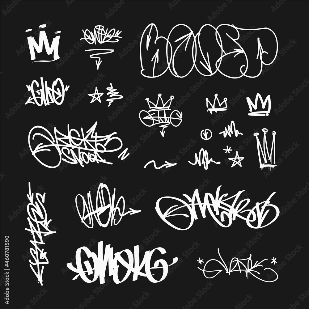 Vector Graffiti Tags - street art hip-hop writing. Doodle style spray paint  and brush graffiti crown tags and abstracts symbols Stock Vector