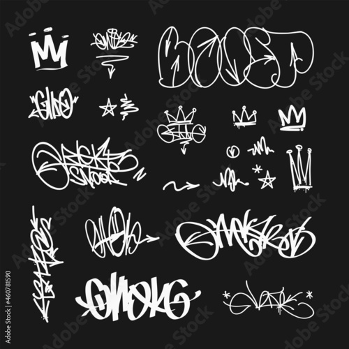 Vector Graffiti Tags - street art hip-hop writing. Doodle style spray paint and brush graffiti crown tags and abstracts symbols 
