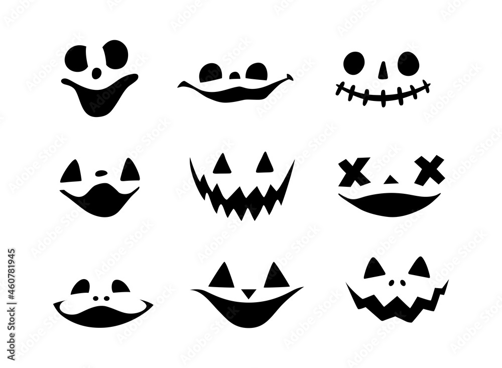 Halloween pumpkin or ghost faces vector set. Spooky pumpkin smile isolated on white background. Halloween pumpkin or ghost faces vector set. Spooky pumpkin smile isolated on white background.