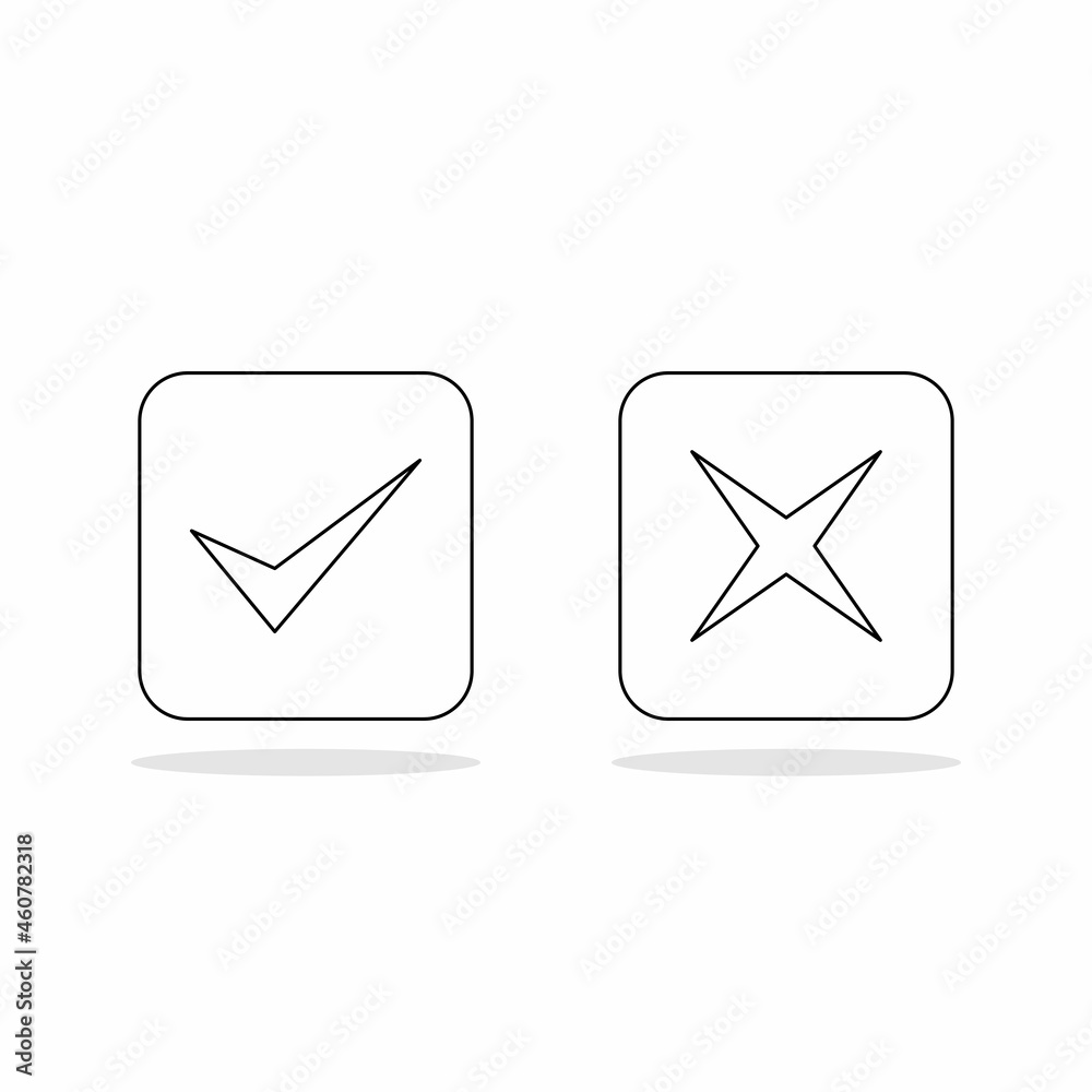 Check and wrong marks, Tick and cross marks, Accepted/Rejected, Approved/Disapproved, Yes/No, Right/Wrong, Green/Red, Correct/False, Ok/Not Ok - vector mark symbols. Black outline design. Check and wrong marks, Tick and cross marks, Accepted/Rejected, Approved/Disapproved, Yes/No, Right/Wrong, Green/Red, Correct/False, Ok/Not Ok - vector mark symbols. Black outline design.
