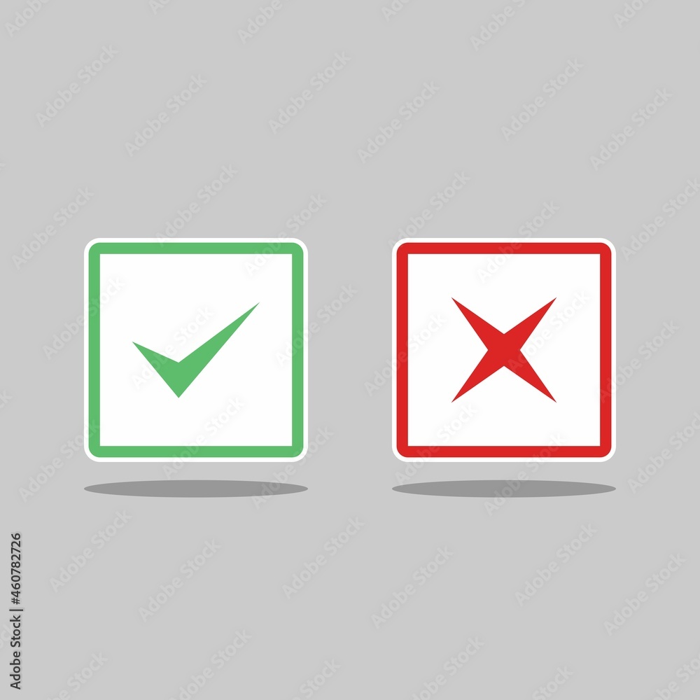 Check and wrong marks, Tick and cross marks, Accepted/Rejected, Approved/Disapproved, Yes/No, Right/Wrong, Green/Red, Correct/False, Ok/Not Ok - vector mark symbols in green and red. Isolated icon.