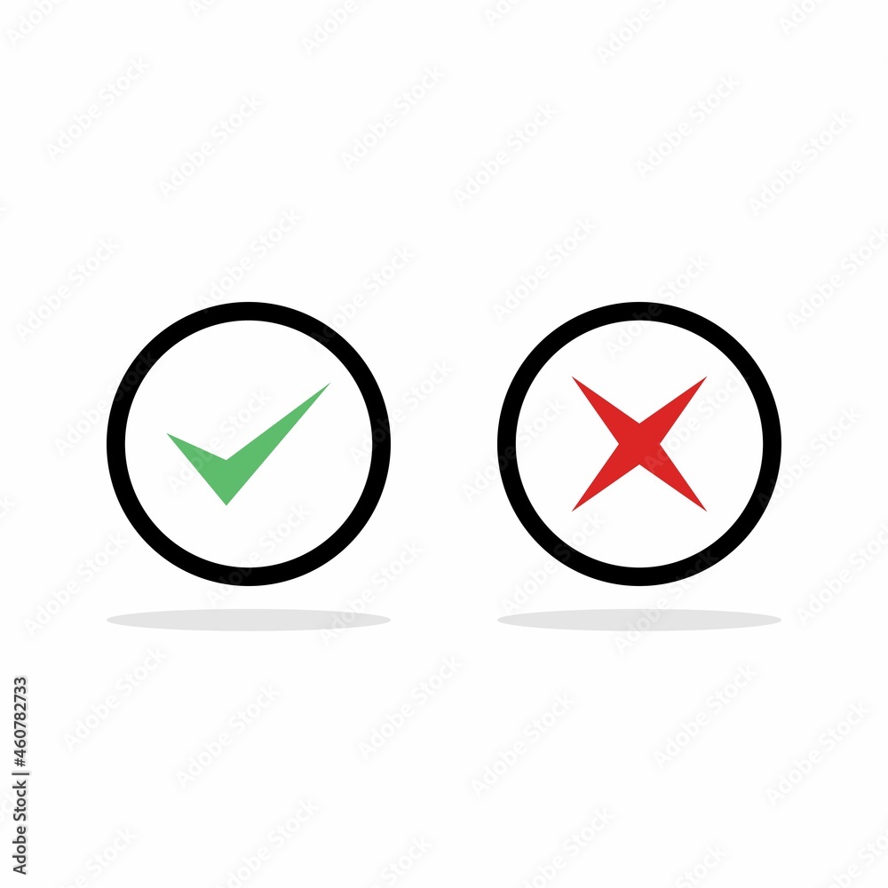 Check and wrong marks, Tick and cross marks, Accepted/Rejected, Approved/Disapproved, Yes/No, Right/Wrong, Green/Red, Correct/False, Ok/Not Ok - vector mark symbols in green and red. Isolated icon. Check and wrong marks, Tick and cross marks, Accepted/Rejected, Approved/Disapproved, Yes/No, Right/Wrong, Green/Red, Correct/False, Ok/Not Ok - vector mark symbols in green and red. Isolated icon.