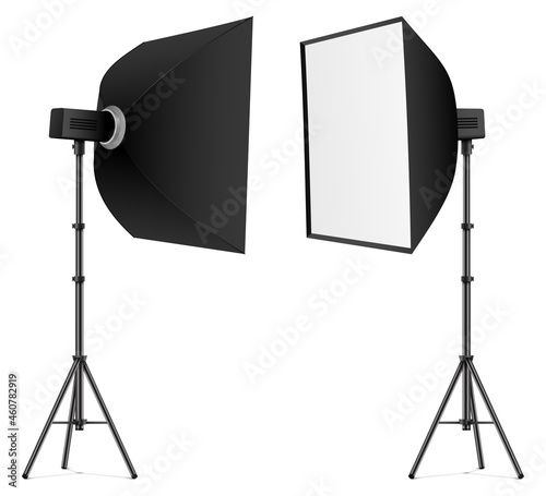 Black softbox in front and back view, isolated on a white background. Professional studio lighting vector illustration.