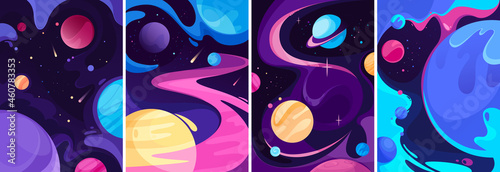 Collection of space posters. Placard designs in abstract style.