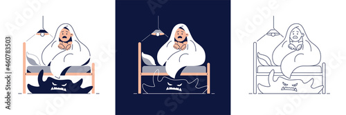 Kids nightmares, Fear of darkness vector illustration set. Scared boy hides under blanket from monster under the bed.Nightmares in Children, fear of darkness concept collection for web flat design