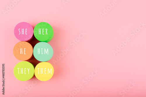 Correct pronouns for different genders on light pink background with copy space
