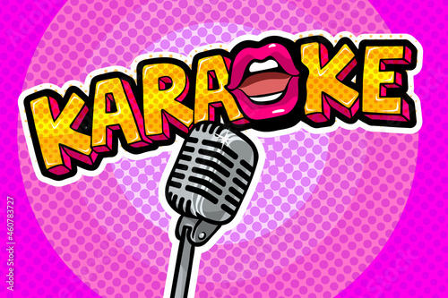 Karaoke lettering with lips in Pop-art stile with retro microphone.