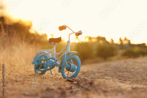 Fototapeta Naklejka Na Ścianę i Meble -  Blue vintage bicycle toy waiting outdoors at sunset light