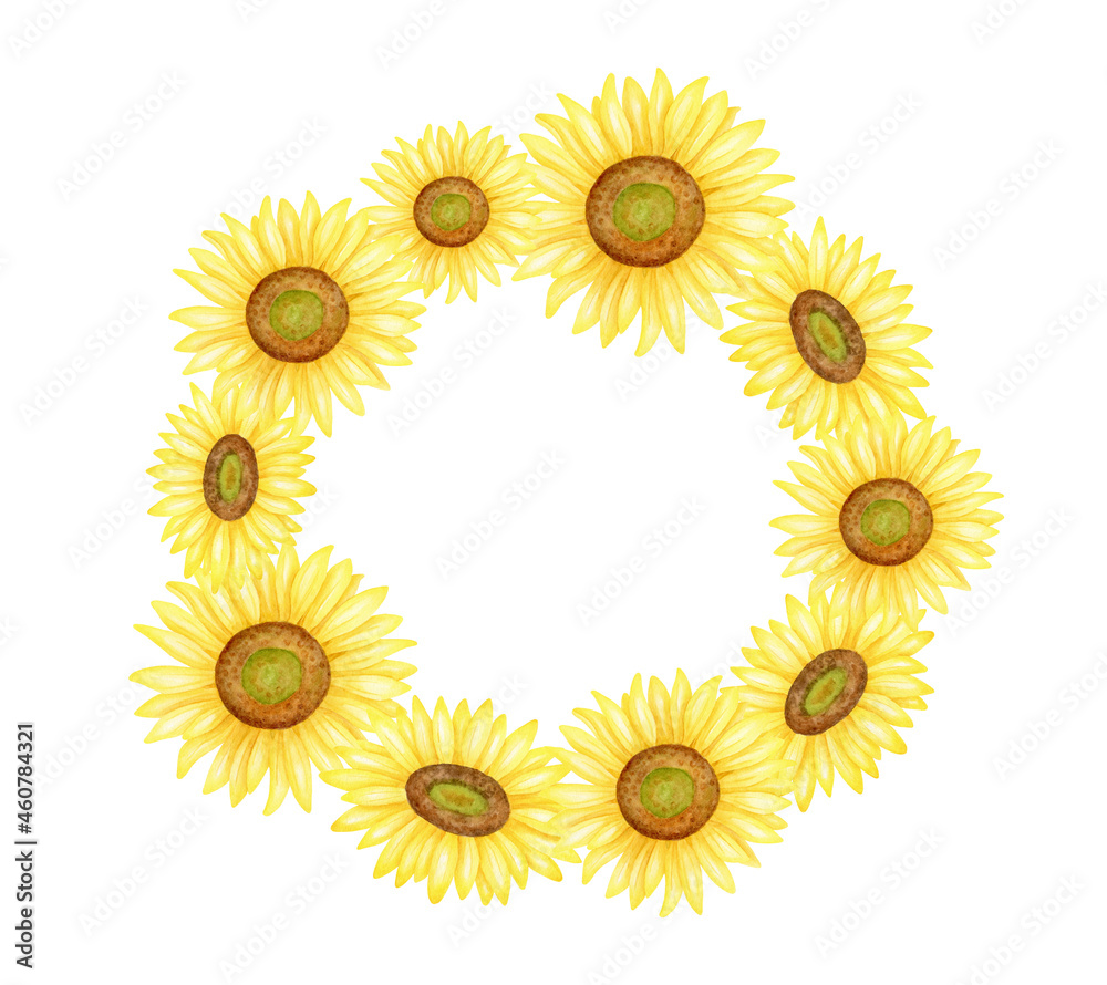 Watercolor sunflowers wreath illustration. Hand painted round frame with bright yellow flowers isolated on white background. Floral template for cards, invitations, design, packaging. Watercolor sunflowers wreath illustration. Hand painted round frame with bright yellow flowers isolated on white background. Floral template for cards, invitations, design, packaging.