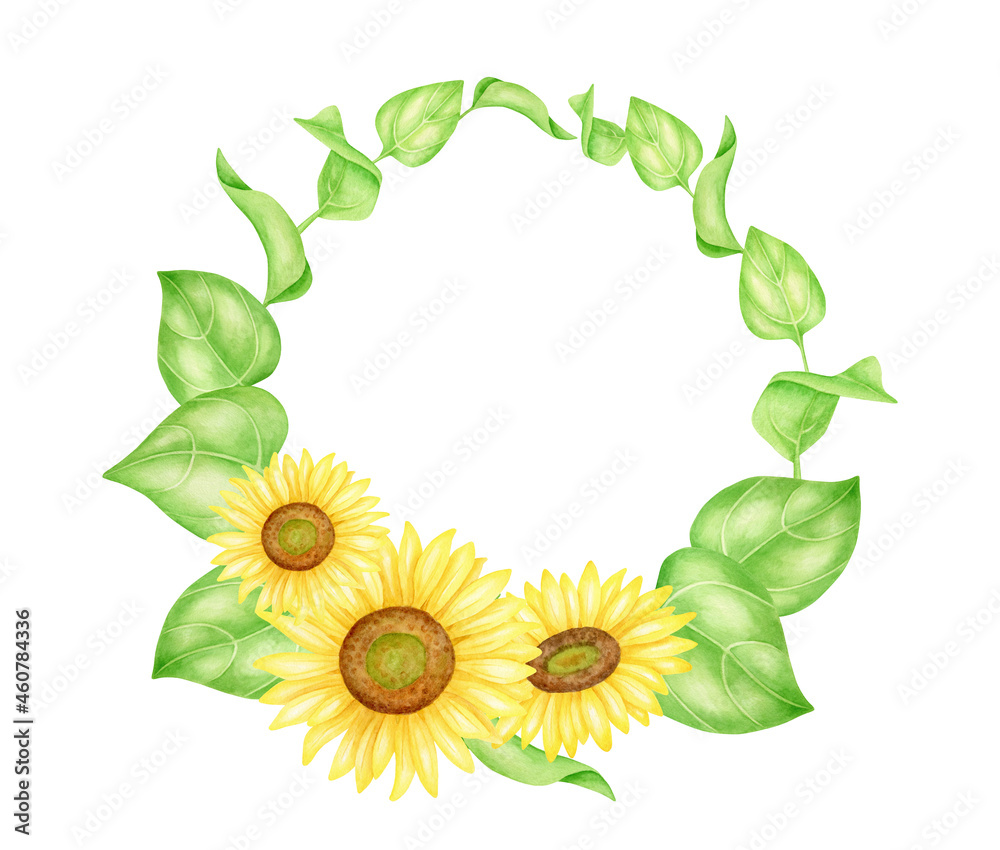 Fototapeta premium Watercolor sunflowers frame. Hand painted wreath with yellow farm flowers and leaves isolated on white background. Round floral template for cards, wedding, invitations, design, packaging.