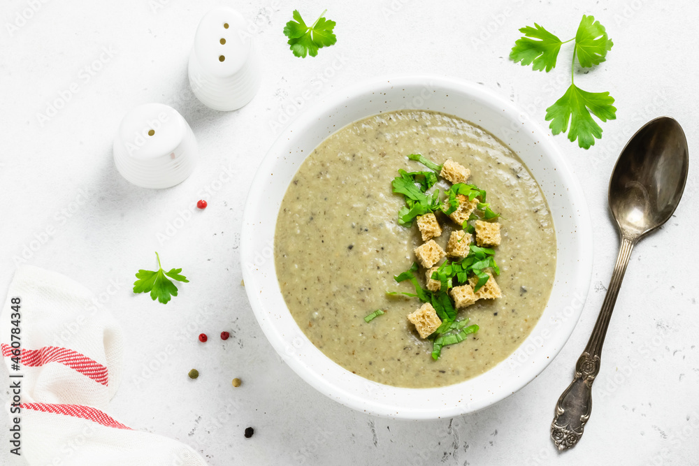 mushroom soup in a bowl. Top view,copy space. mushroom soup in a bowl. Top view,copy space.
