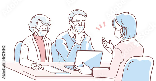 マスクを付けて商談する高齢の夫婦とスーツの女性のイラスト