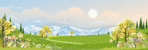 Spring landscape in village with green field and sunset,Vector cartoon Summer rural farmland with mountain,forest tree pink and blue sky in morning,Nature scene in countryside view on sunny day Summer