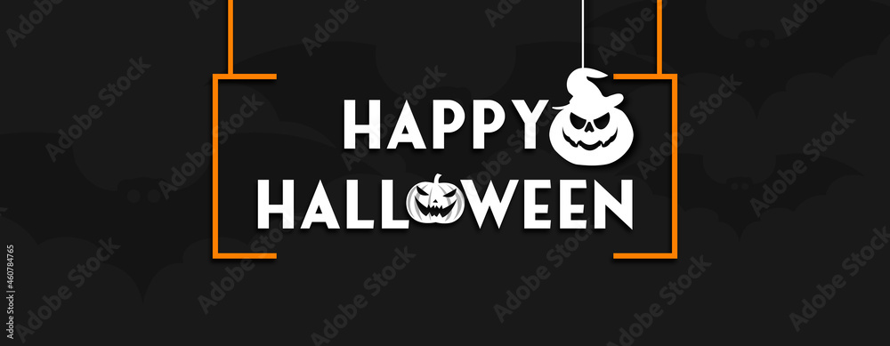 Fototapeta premium Dark Happy Halloween banner with halloween theme scary pumkins and bat, isolated poster