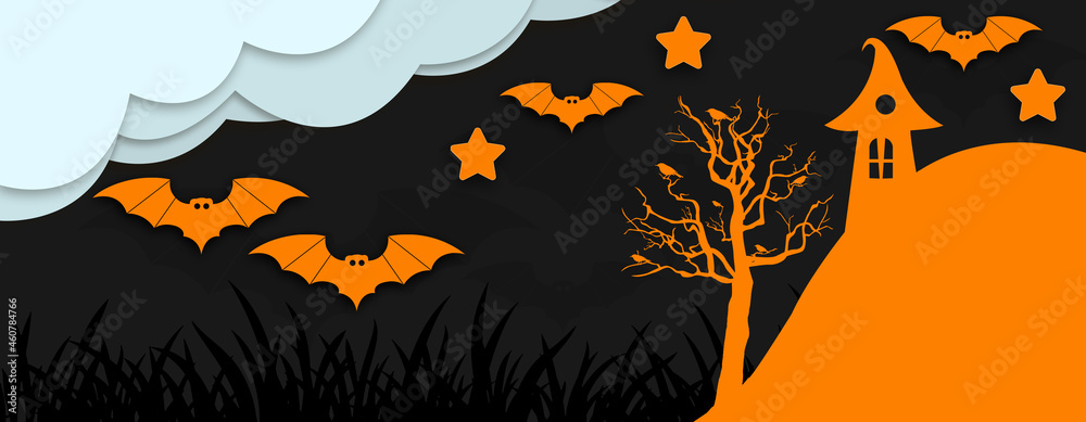 Happy Halloween Background with paper cut clouds, halloween theme house, bat and trees