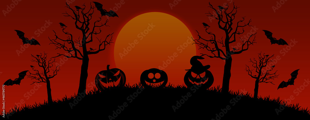 Halloween jungle background with ghost pumpkins and scary red sun rise 