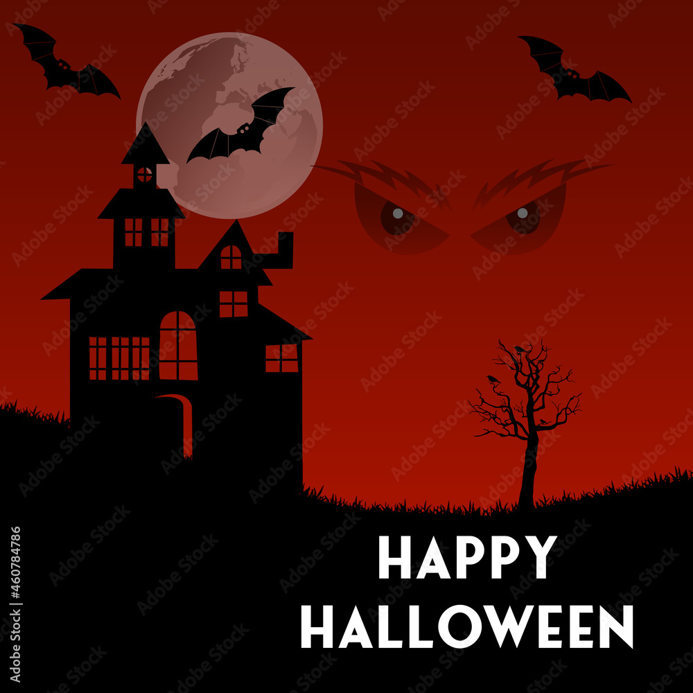 Very scary haloween night scene with dark house and ghost eyes. Happy Halloween 2022