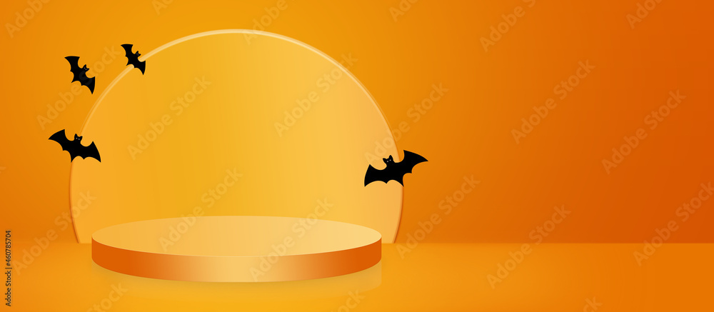 Orange pedestal podium on an orange background. Halloween orange background with bats.Modern design for your product presentation. Copy space for text.Banner.3D-rendering