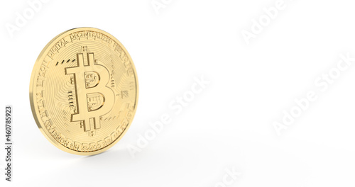 3d render, golden bitcoin on a white background on the left, bitcoin background for youtube HD 4K,bitcoin banner for website with place for text isolated