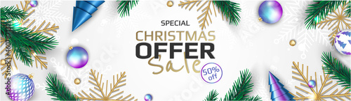 Merry Christmas sale banner template. Greeting card, banner, poster, header for website