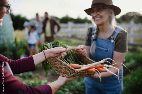 Happy senior female farmer giving basket with homegrown vegetables to unrecognizable woman outdoors at community farm. photo