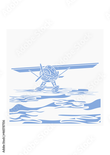 Editable Front Semi Oblique View Pontoon Floating Plane on a Water Vector Illustration in Flat Monochrome Style for Transportation or Recreation Related Design