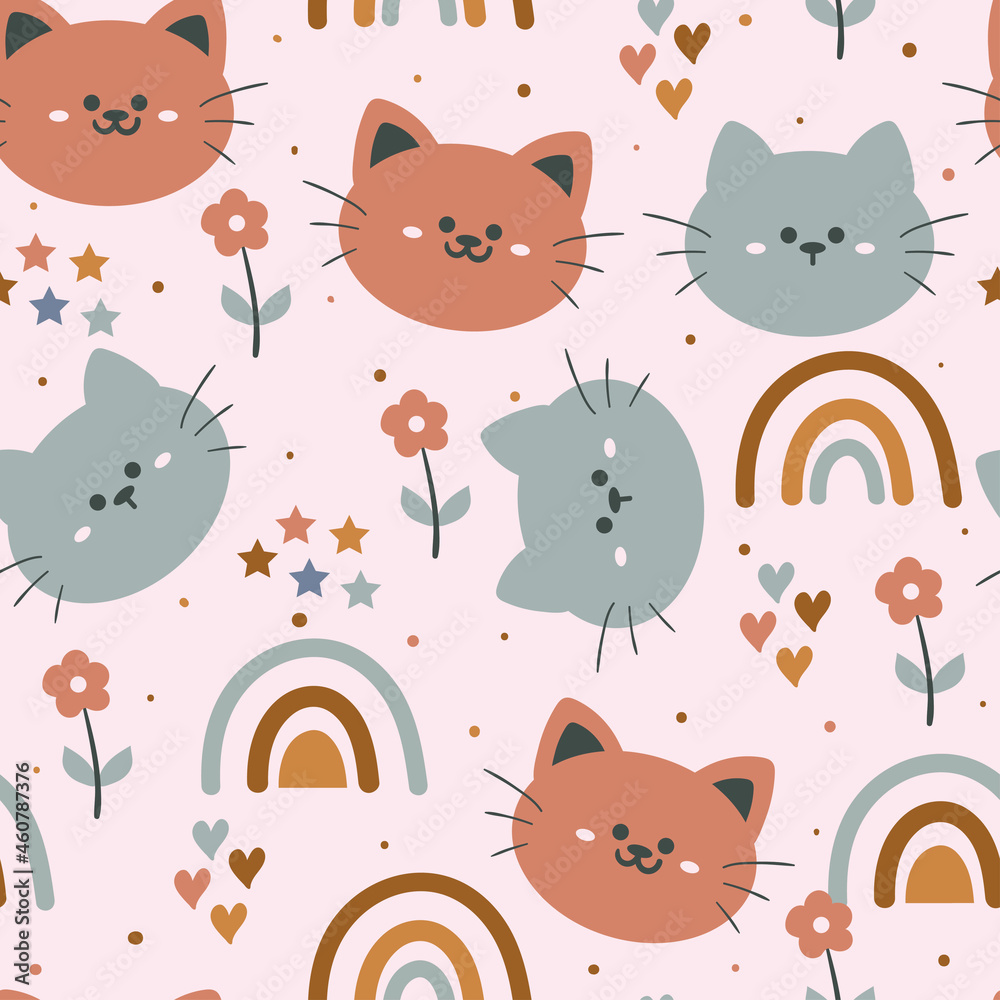 Seamless pattern with cute cartoon cat and plant for fabric print, textile, gift wrapping paper. colorful vector for textile, flat style