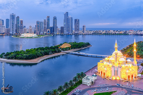 Beautiful view of Al Noor Mosque and the cityscape of Sharjah photo