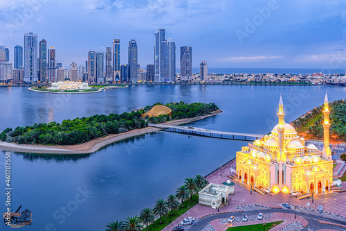 Beautiful view of Al Noor Mosque and the cityscape of Sharjah