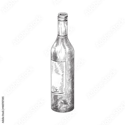 Hand drawn wine bottle with label, sketch etched vector illustration isolated.