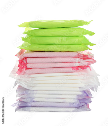 Stack of menstrual pads on white background. Gynecological care photo