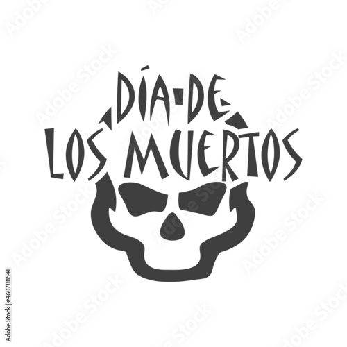 Banner con texto Día de los muertos en español con calavera en fondo gris