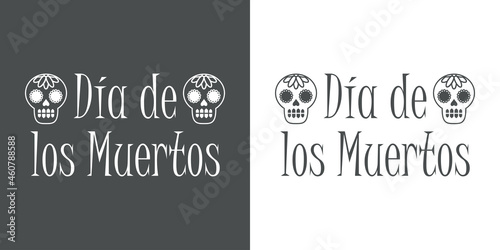 Banner con texto Día de los muertos en español con calavera en fondo gris y fondo blanco